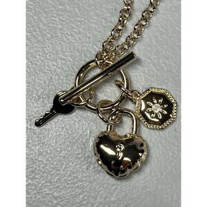 J Crew Lock and Key Charm Necklace in Gold Tone 30"